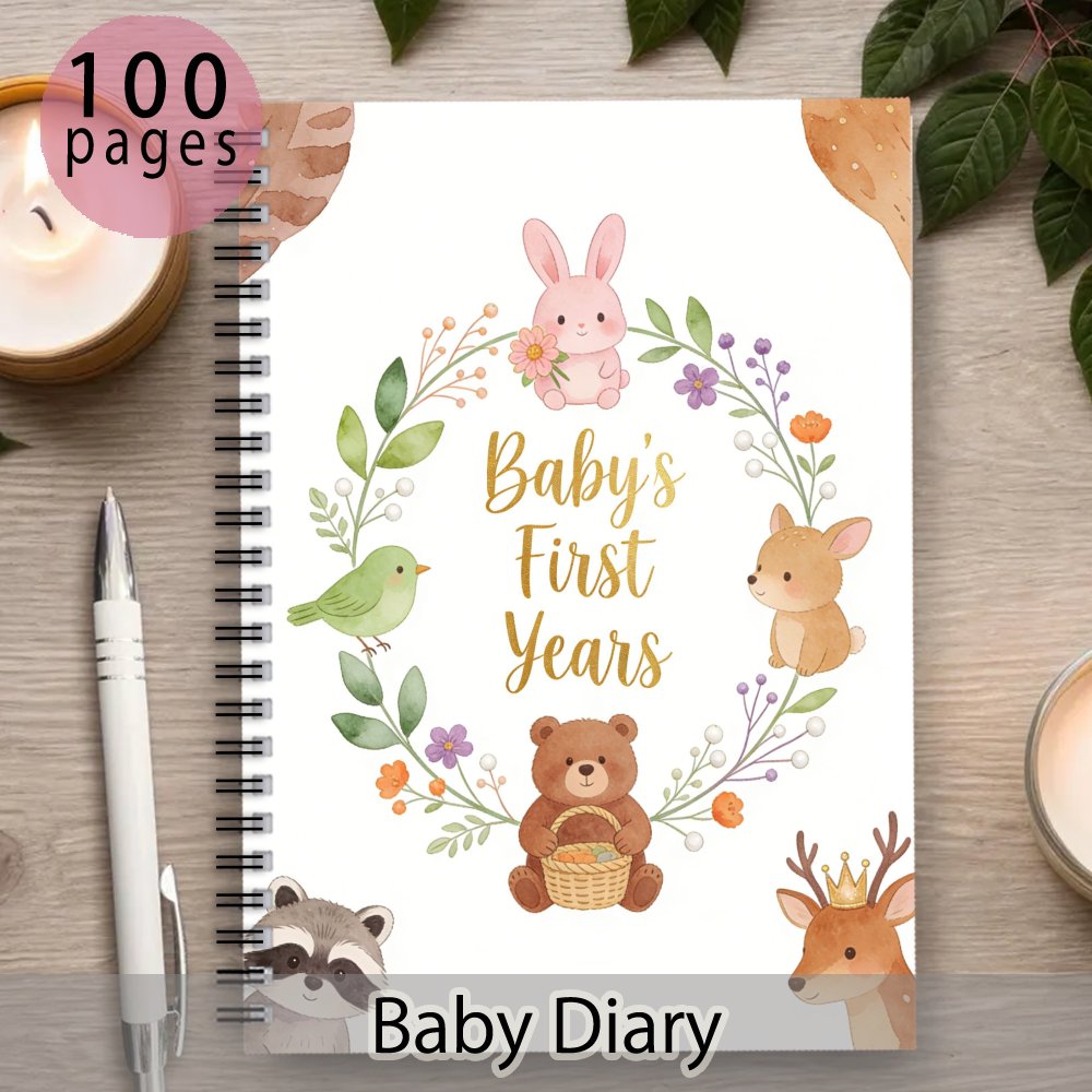 TEMU 1pc Baby Memory Book & Milestone Journal - Woodland Animal & Floral Wreath Themed Baby Shower Gift Suitable For Photos, First Year Development ,