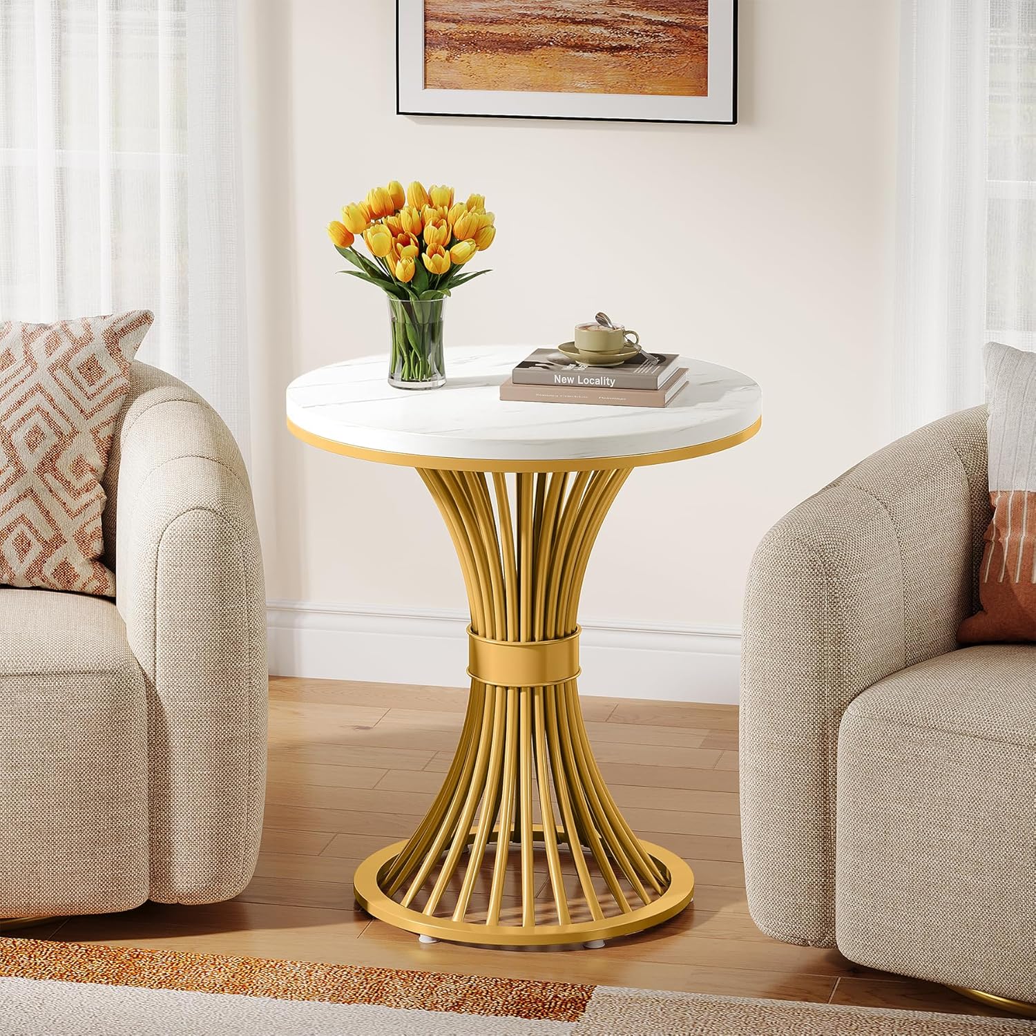 Image of Contemporary Round End Table Featuring A And A Golden Metal Base, This Small White And Golden Nightstand Serves As A Stylish Wooden Accent Table For Your Living Room, Bedroom, Or The Sofa