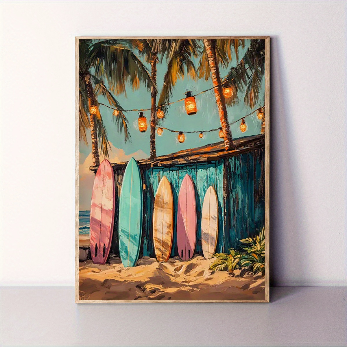 E-shop 2D Flach, 2D Flach, 2D Flach 12X16 Zoll Rahmenloses Surfen Wandbild - Farbenfrohes Cottage mit hängenden Laternen, Dicke weiche Strand , Surfer
