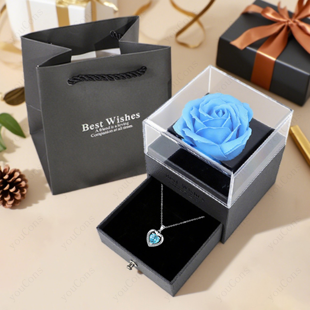 Light Blue Double Heart Pendant Necklace with Exquisite Gift Box, Romantic Gift