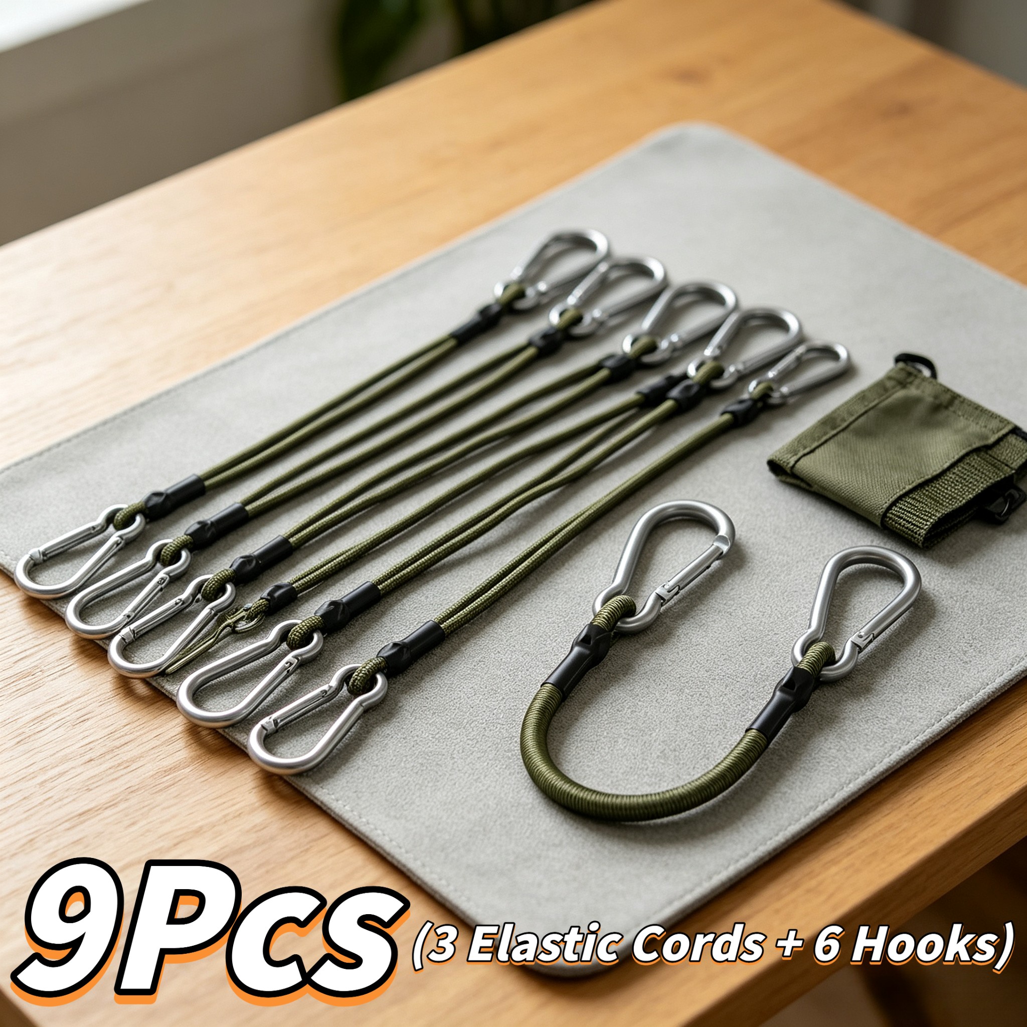 TEMU Set di 9 cinghie elastiche (3 cinghie elastiche e 6 ganci) Cinghie di fissaggio cargo in gomma verde con fibbie, adatte per tende da esterno,