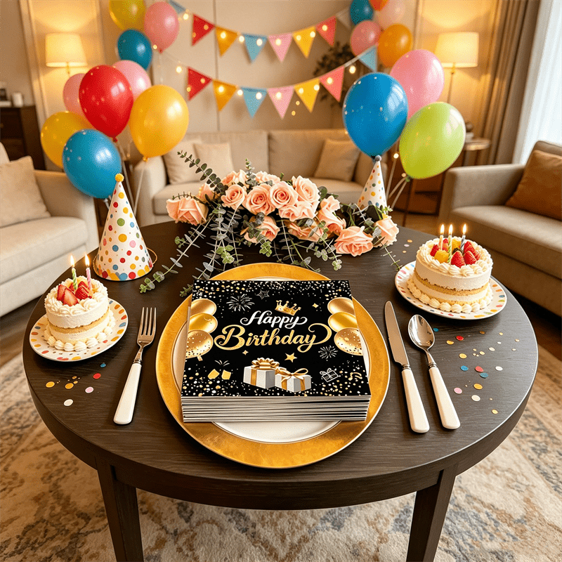 TEMU Serviettes de papier jetables pour anniversaire, motif de ballon couronne noire et dorée, convient aux fêtes d'anniversaire pour hommes et