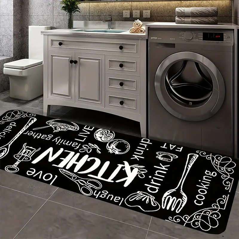 TEMU 1pc Of Minimalist Letter-patterned Design Flannel Thickened Mat, Easy To Clean, Suitable For Kitchen Mats, Entrance Door Mats, Bedroom Bedside