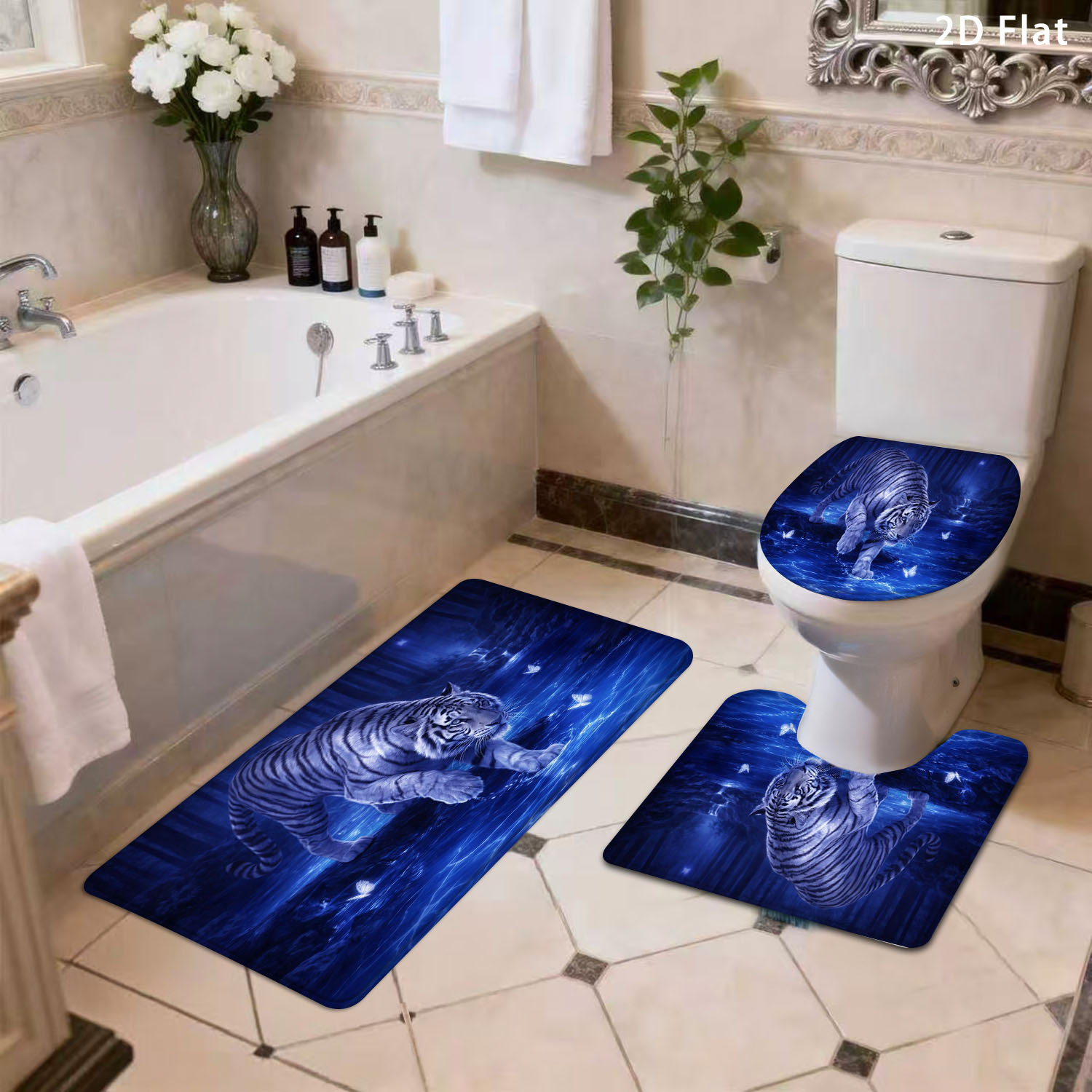 TEMU Ensemble de 3/4 tapis de bain antidérapants plats 2D, Ruisseau de tigre bleu nuit de , Tapis de sol absorbant pour entrée de salle de douche,