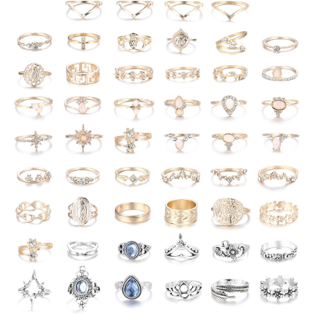52pcs Pcs Vintage Bohemian Knuckle Rings - Hollow Carved Flower Joint Midi Ring Set, Stackable Retro Jointed Rings Suitable For Wedding, Festival, Everyday, Multi-ring, For Teenager