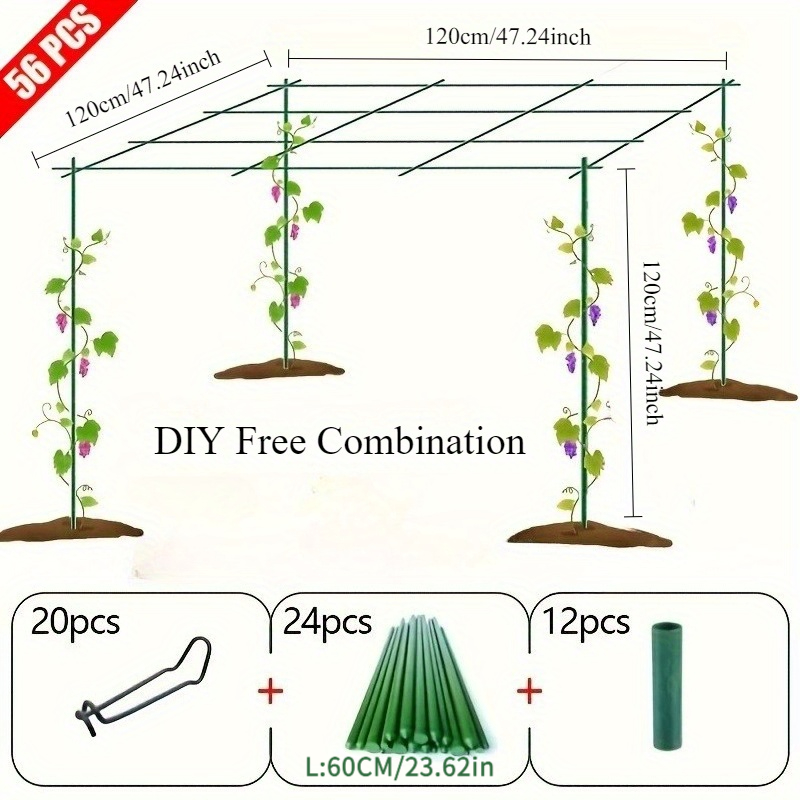 TEMU 1 Set Heavy-duty Metal Garden Grape Support Frames-super Thick 0.8mm Diameter 24 Poles 23.62 Inches 12 Connectors 20 Fixed Wire Clips, Green