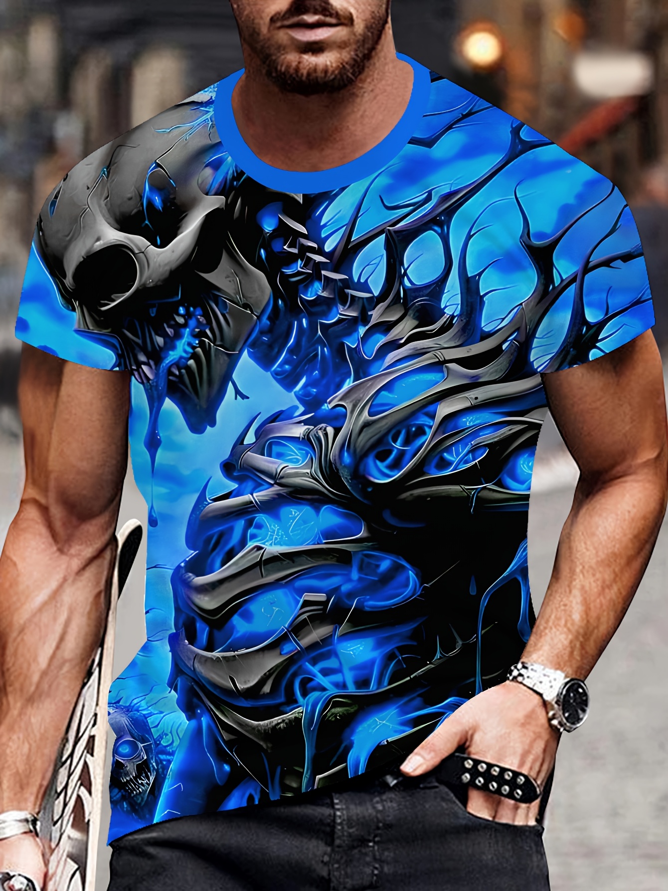 Men's 3D Skull Print T-Shirt, , Casual Round Neck Summer Lightweight Breathable Short Sleeve Tee, Fashion Cool Casual Wear, Skull Decor T-Shirt