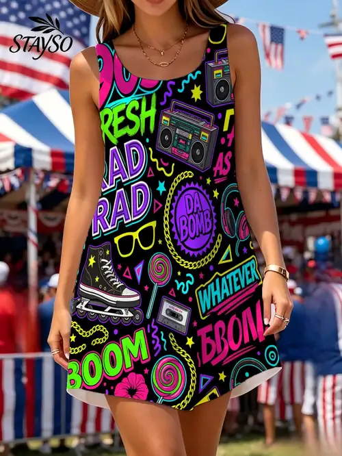 90s neon dress Women's 90's Vintage Rainbow Neon Printed Geometric Midi Dress, Size M