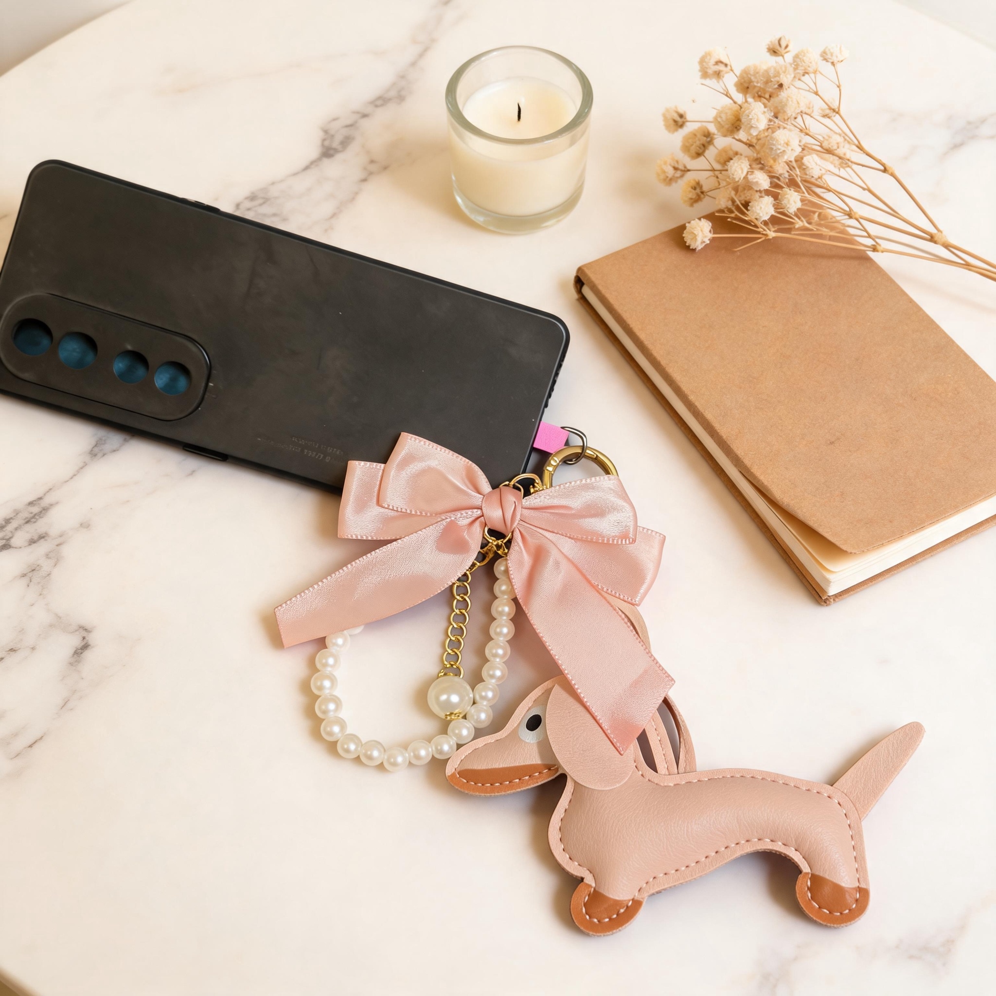PU Dachshund Dog Bag Charm with Satin Bow
