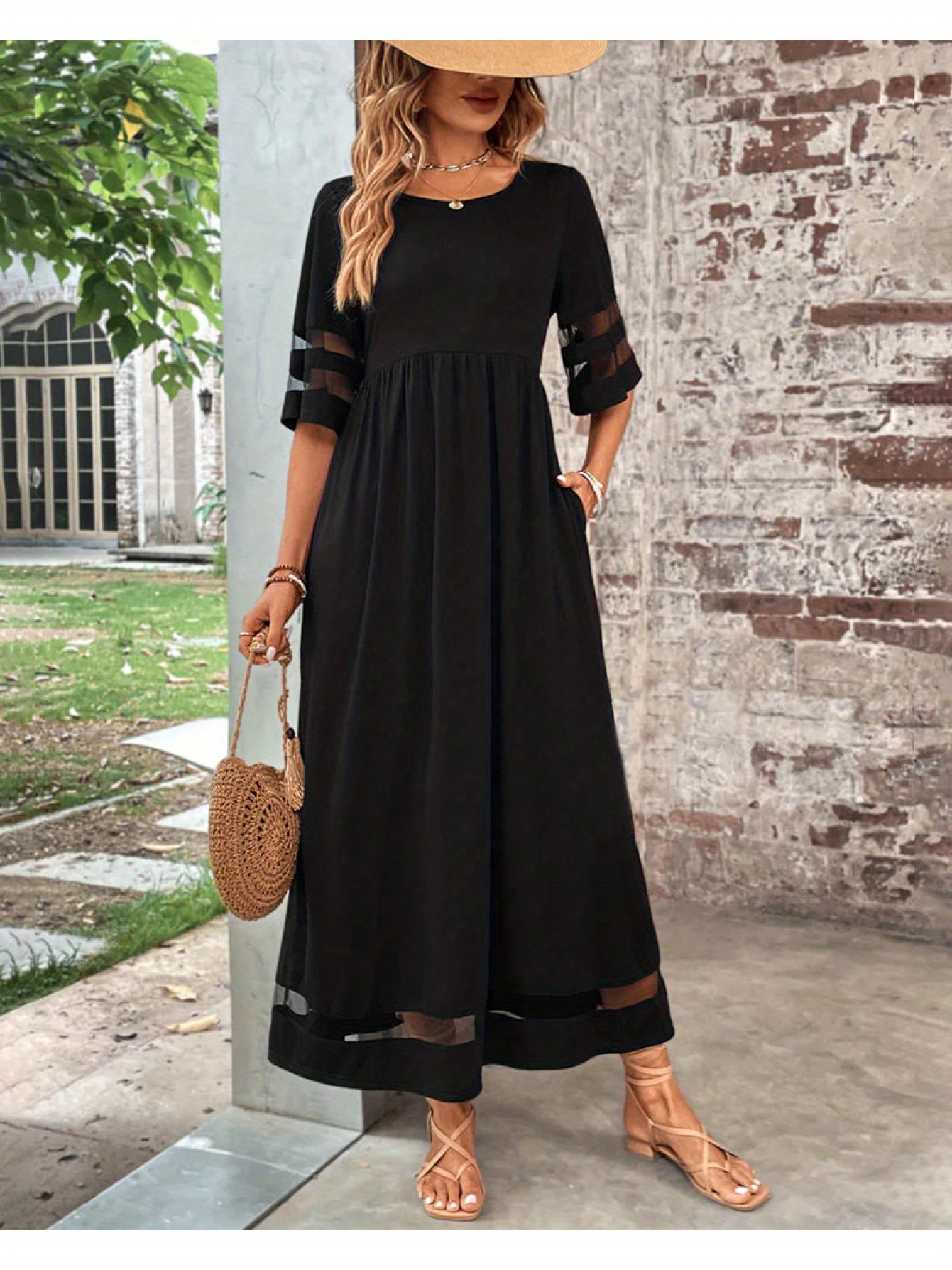 Summer Casual Mesh Dress- Round Neck * Design with Side Pockets& Breathable  Half Sleeves