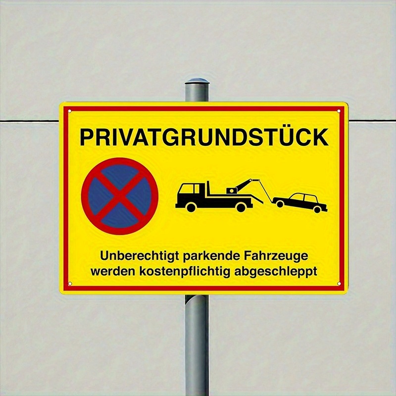 Image of 2d Flat, 1pc Metal Sign, Sturdy Metal "private Property" No Parking Alert Sign, 20x30cm, Wall-mounted, Vintage Style, Suitable For Holiday Use, Clear German Text, Yellow Background With Red Edges