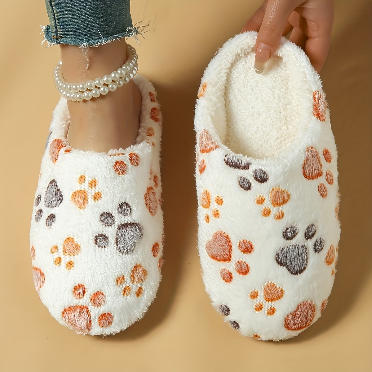 TEMU Women's Paw Print Fuzzy House Slippers Plush Fleece Soft Warm Winter Indoor Home Shoes, Women Shoes
