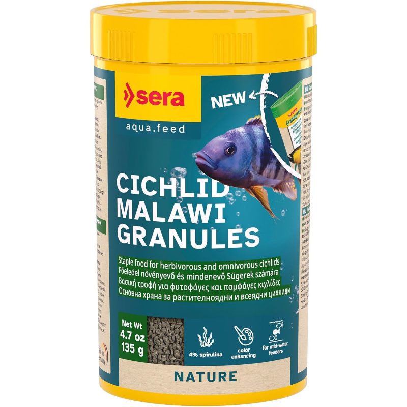 Malawi Cichlid Granules, Essential Diet for Herbivorous And Omnivorous Cichlids, Slowly Sinking Granules Free from Dyes And Preservatives, Suitable for Freshwater Aquariums, 250Ml (135G)