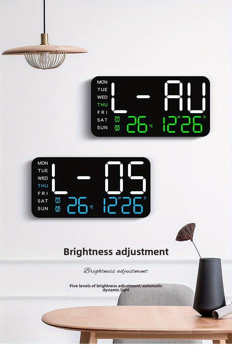 LED digital wall clock with temperature display, date and working day - dual alarm clock, 12/24-hour format, perpetual calendar, rectangular, battery powered (AAA) - perfect for bedroom decoration