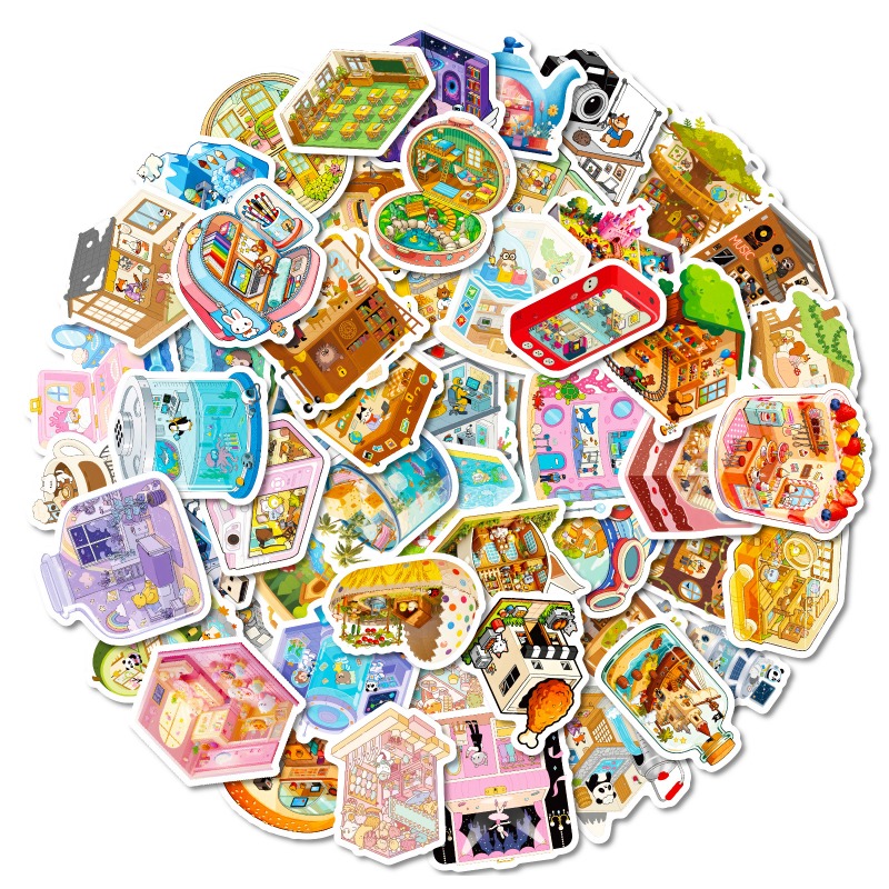 Small Scene Stickers - Cartoon House & Camera Bottle World Inspired Supplies For Scrapbooking And Journal Decoration