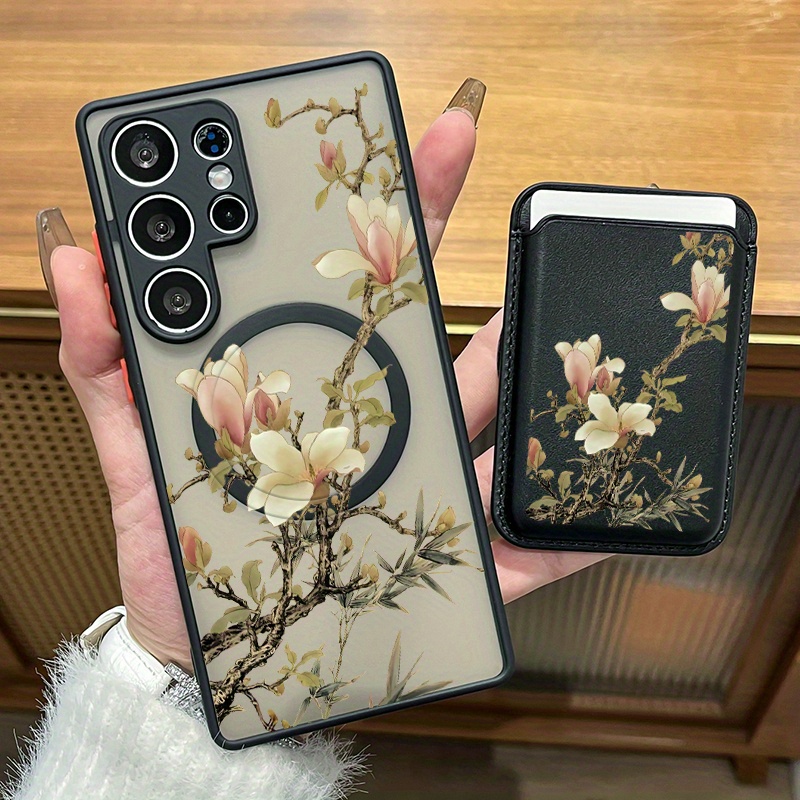 TEMU Phone Case - 2pcs Set Creative Flower Pattern Magnetic Phone Case And Fashionable Luxury Artificial Leather Magnetic Property Multi-functional