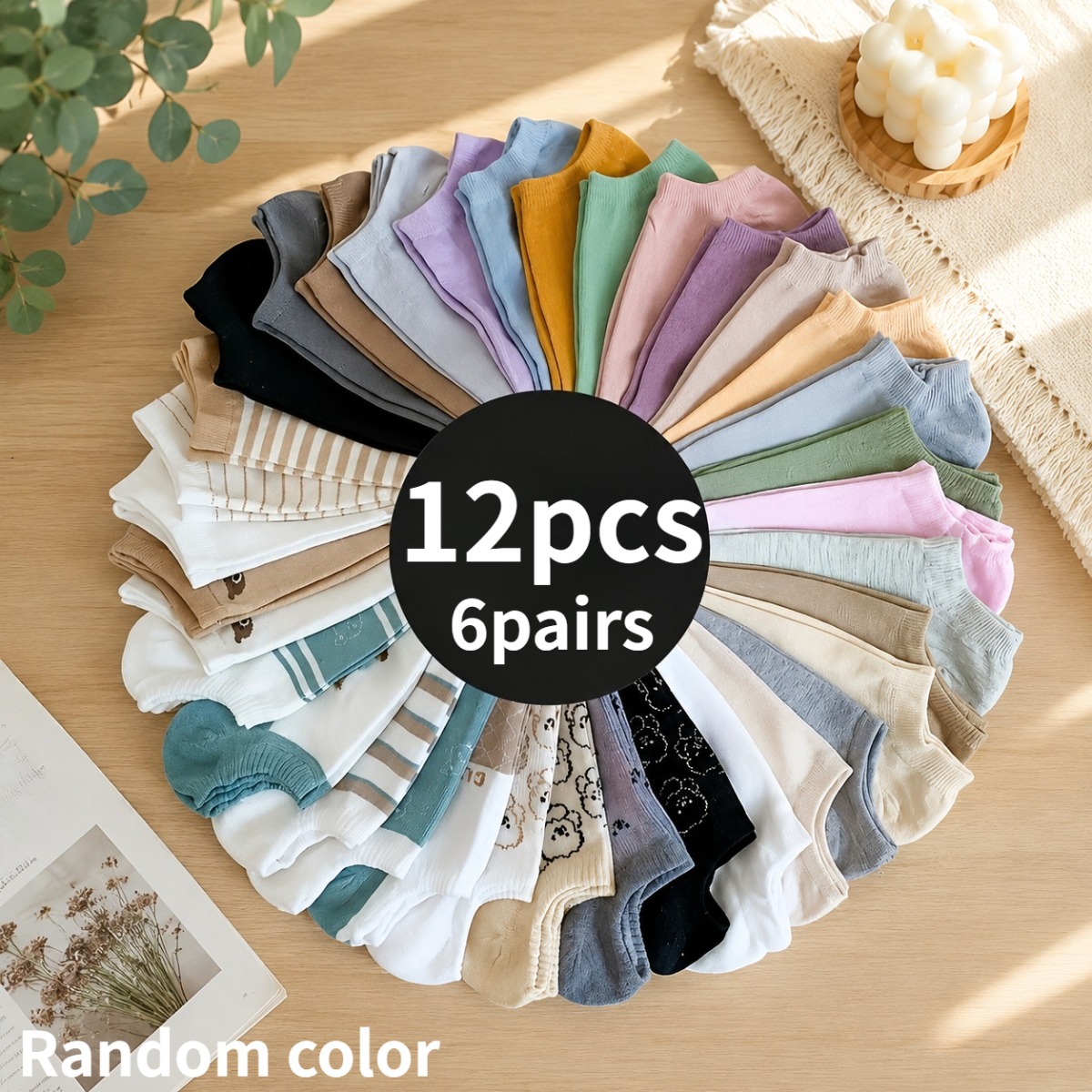 TEMU 12 piezas/6 pares, colores aleatorios, calcetines tobilleros casuales unisex de /verano, calcetines cortos casuales para /verano, transpirables,