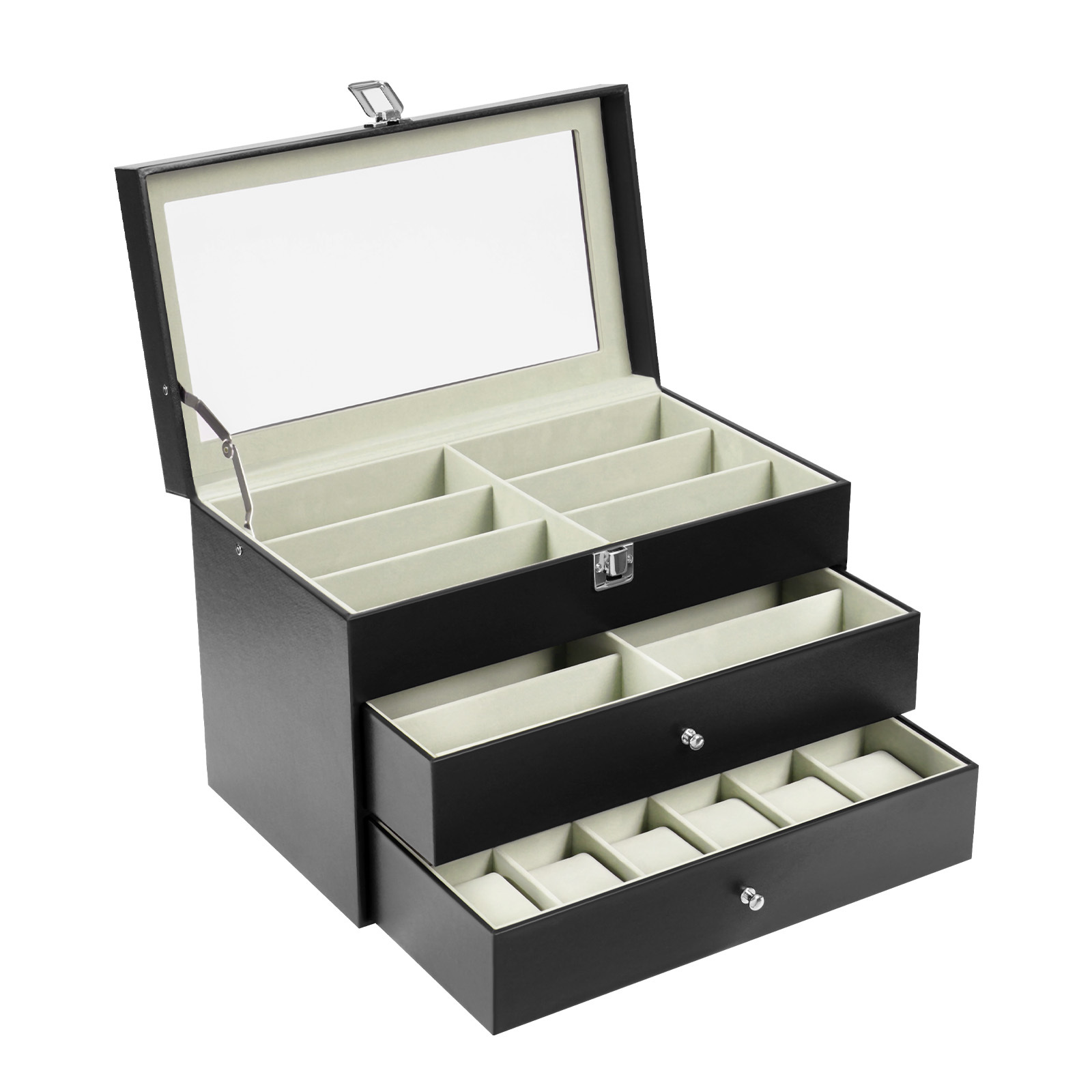 Image of Watches And Glasses Display Box, Watch And Glasses Storage Case With Large Glass Lid, Watch Box Organizer For Stores, Homes, Checkrooms