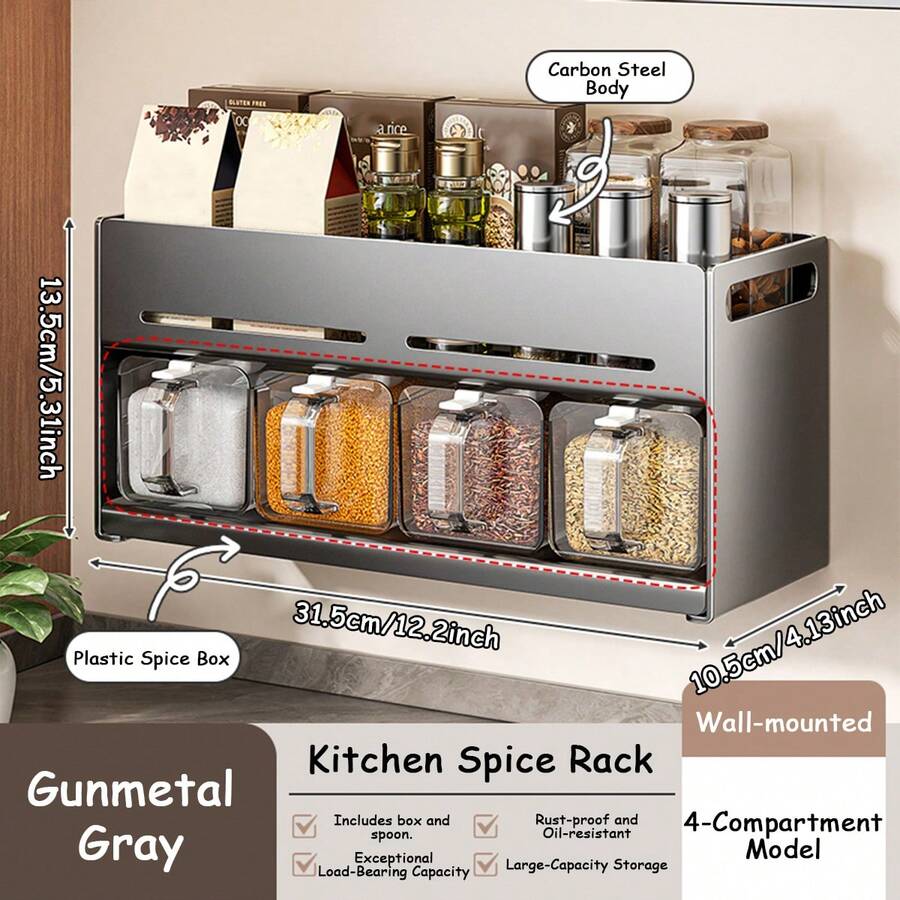 Image of 2 Tier Wall Mounted Spice Rack Organizer With 3/4 Airtight Containers, No Drill Kitchen Seasoning Storage Shelf For Spices Grains And Oil Bottles, Moisture Resistant Space Organizer
