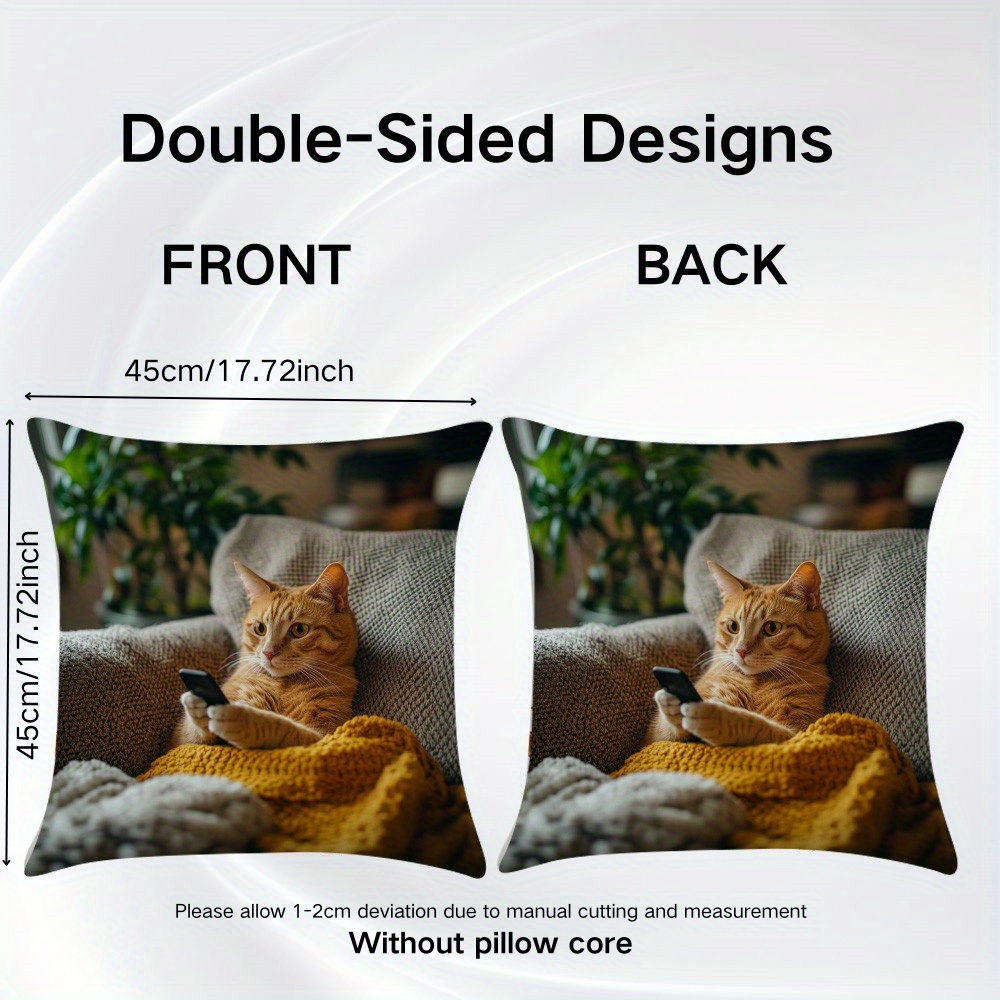 1pc vintage style throw pillow cover with adorable cat phone design durable polyester double sided print zipper closure machine washable ideal for living room sofa decor cat decor Product details 0