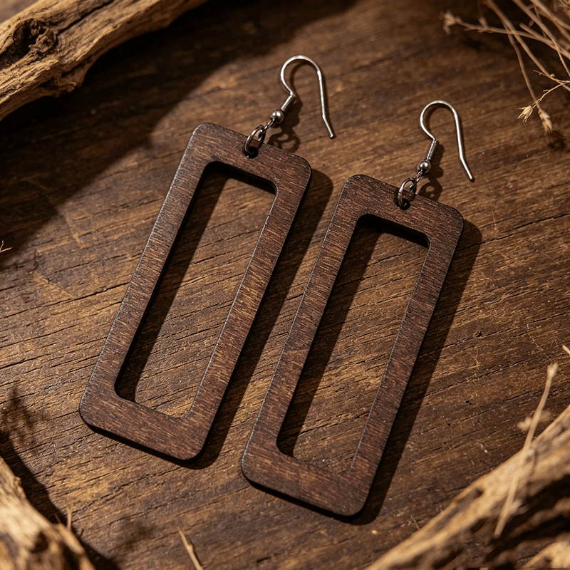 Women's Ethnic Style Wooden Rectangular Earrings, Gift