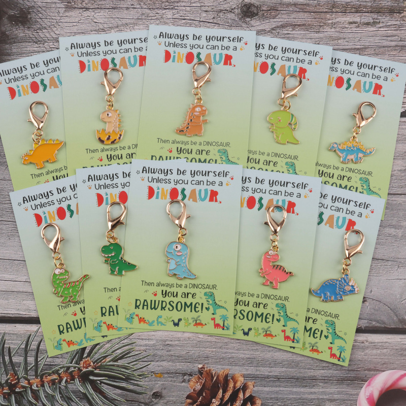 TEMU Gift For Her/him 10 Cute Kawaii Dinosaur Keychains With Dinosaur Cards, Car Key Pendants, Backpack Bag Decorations, Party Keyring Gift Pack