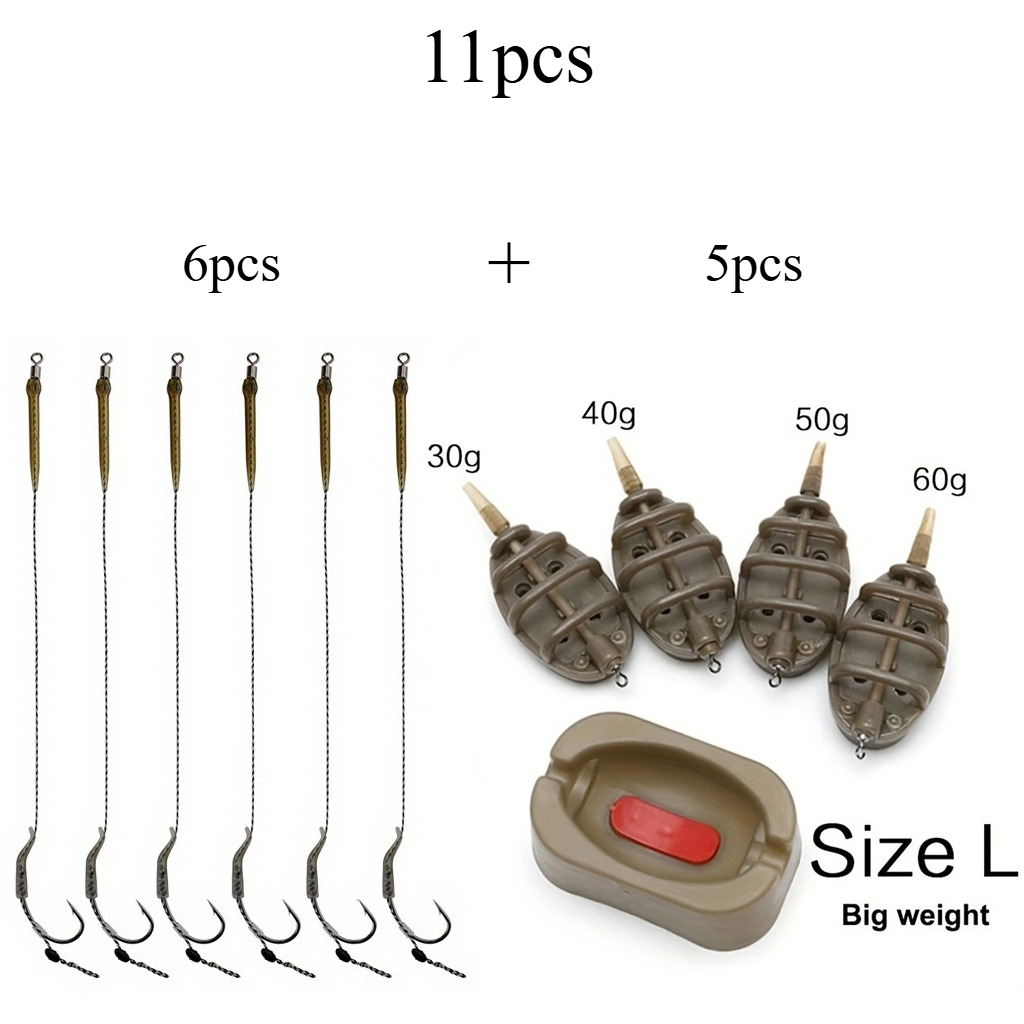 Image of Avlcoaky Carp Fishing Method Set: 5pcs Inline Flat Feeders With Mould And 6pcs Braided Line Hair Rigs With Hooks - Tackle Kit