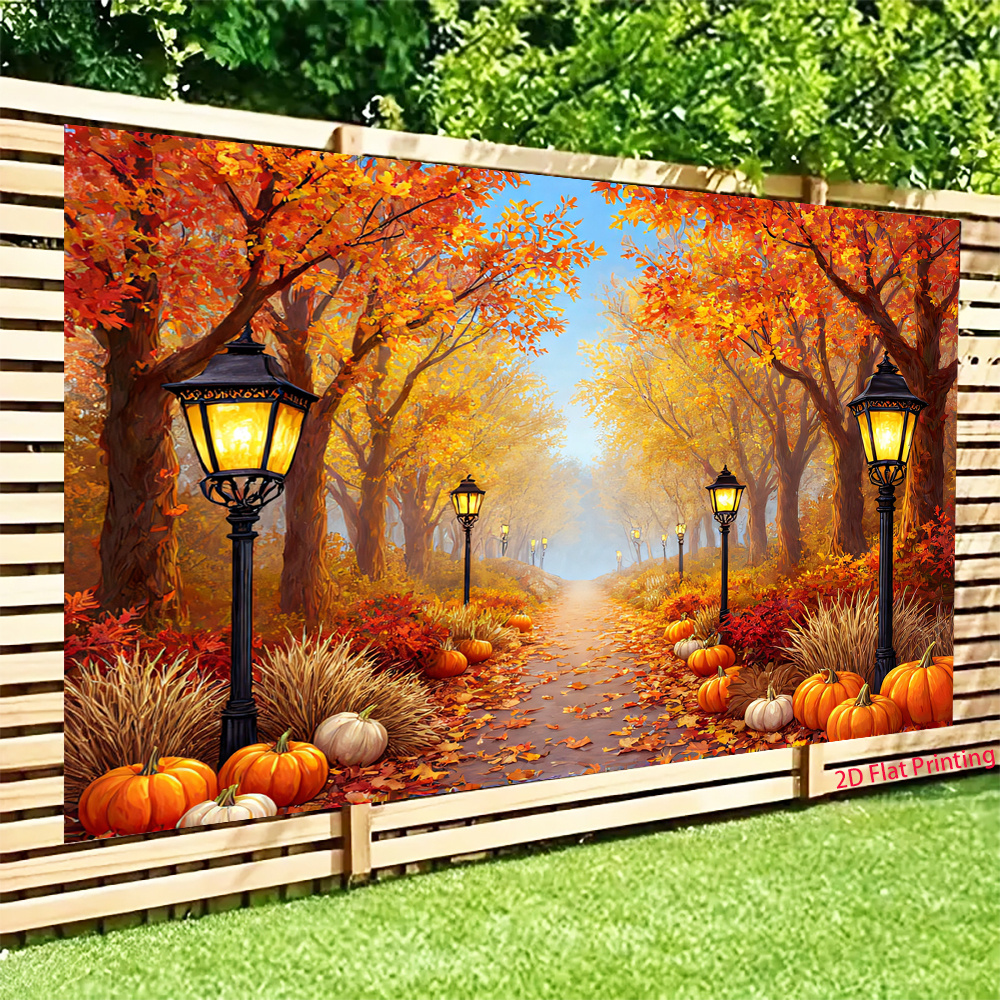 Autumn Forest Path Lantern and Pumpkin 2D Flat Banner, UV Printed Polyester Fabric