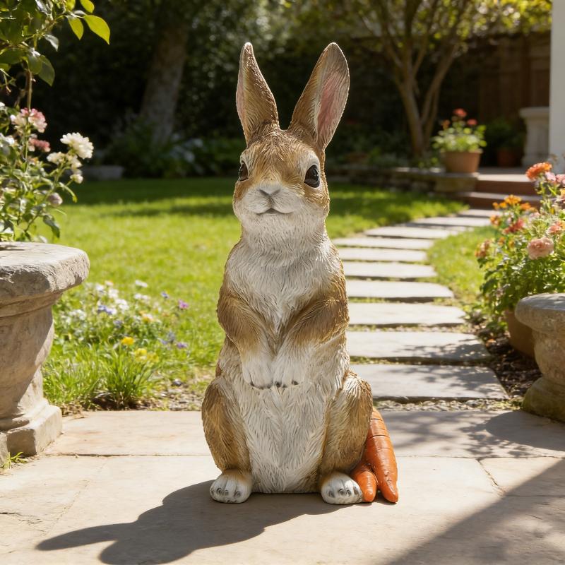 E-shop Osterhasen-Gartenstatue mit Karotte – 38 cm Harz-Hasenfigur für Terrasse, Rasen, Garten-Dekor – Launische Frühlings-Gartenkunst