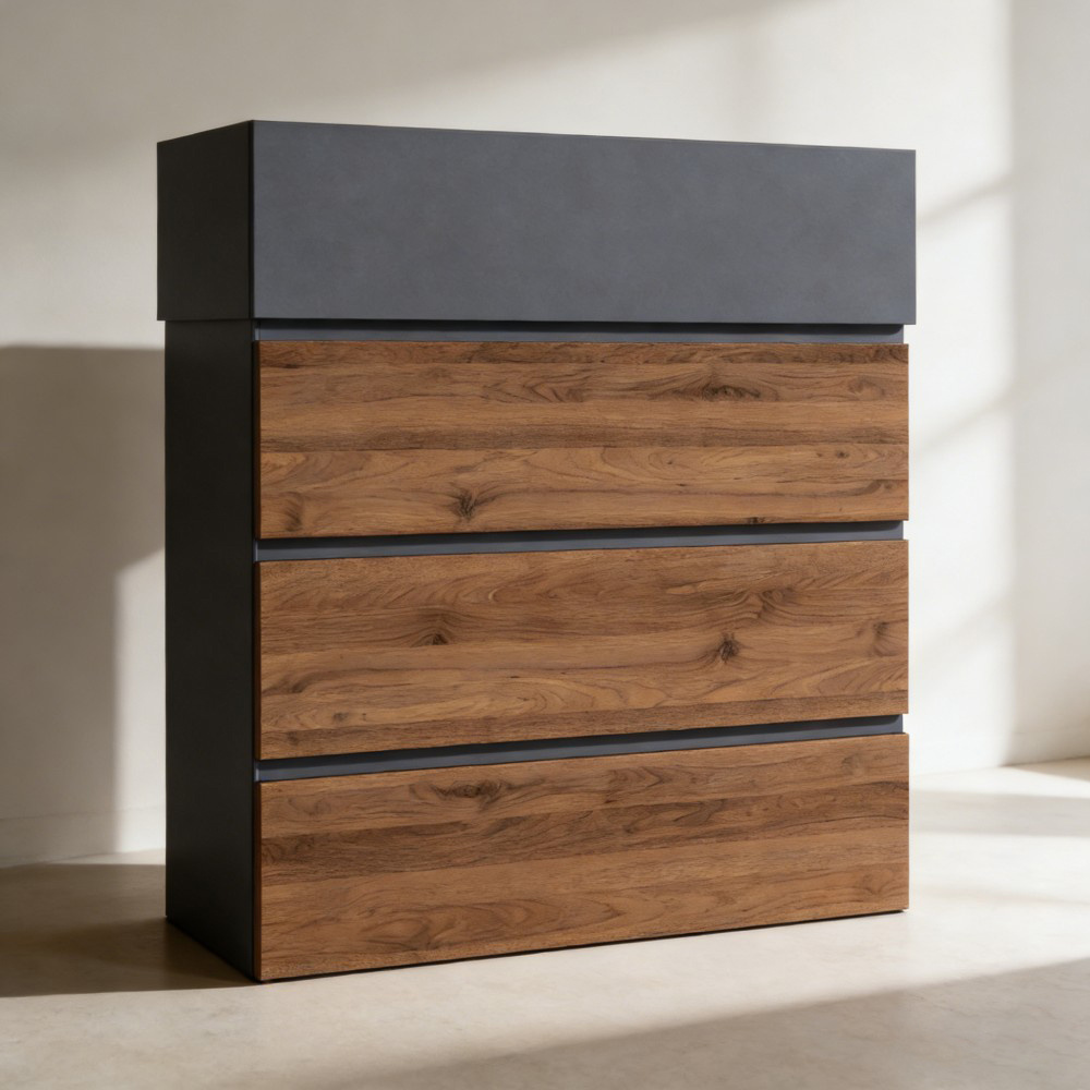 V63 & Wood Designer Mailbox, 410×130×370mm, Wall-mounted With Lock, Lid & Newspaper Holder, Made Of Powder-coated Steel