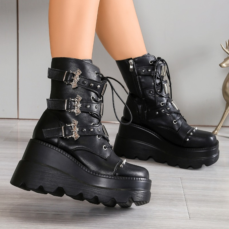 womens goth y2k punk combat boots pu metal buckles lace - Temu