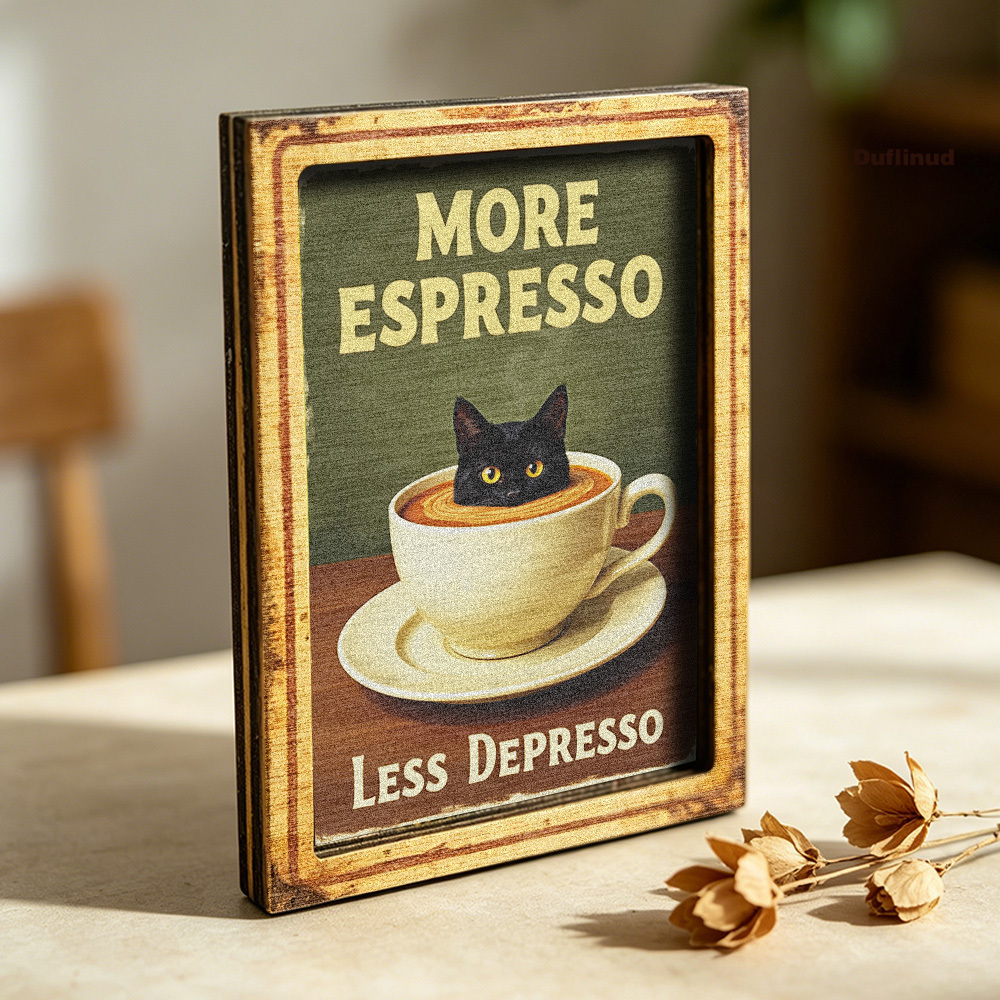 TEMU Cute Black Cat Coffee Cup Wooden Fridge Magnet, Decorative Plaque, Creative Coffee-themed Miniature Decorative Painting, Warm Kitchen