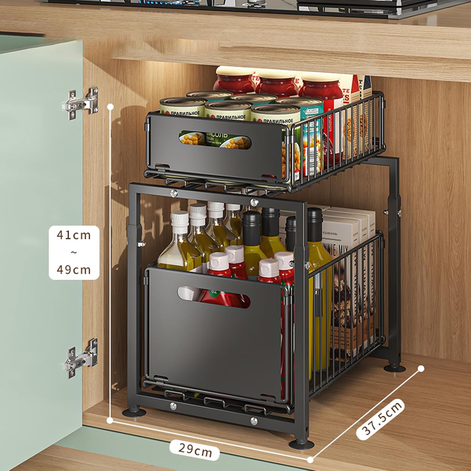 2 Tier Kitchen Cabinet Organizer, Metal Pull Out Shelf, Height Adjustable Cabinet Organizer For Kitchen & Bathroom, Sturdy Space- Kitchen Organizer/ Cabinet Organizer