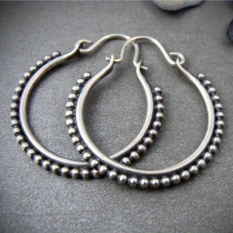 Image of Women's Minimalist Vintage Hoop Earrings - Small Round Bead Hoops, Everyday & Formal Jewelry Gift For Birthdays, Anniversaries, Chinese New Year - Elegant Layering Earrings