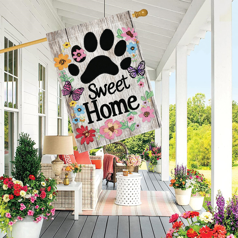 

1pc Double-sided Garden Flag - Vibrant Flowers & Butterflies Design, 28x40 Inches, Polyester, Outdoor Yard & Lawn Decor, "welcome Home" Text With Paw Print, Ideal For Entrance, Garden Decorations