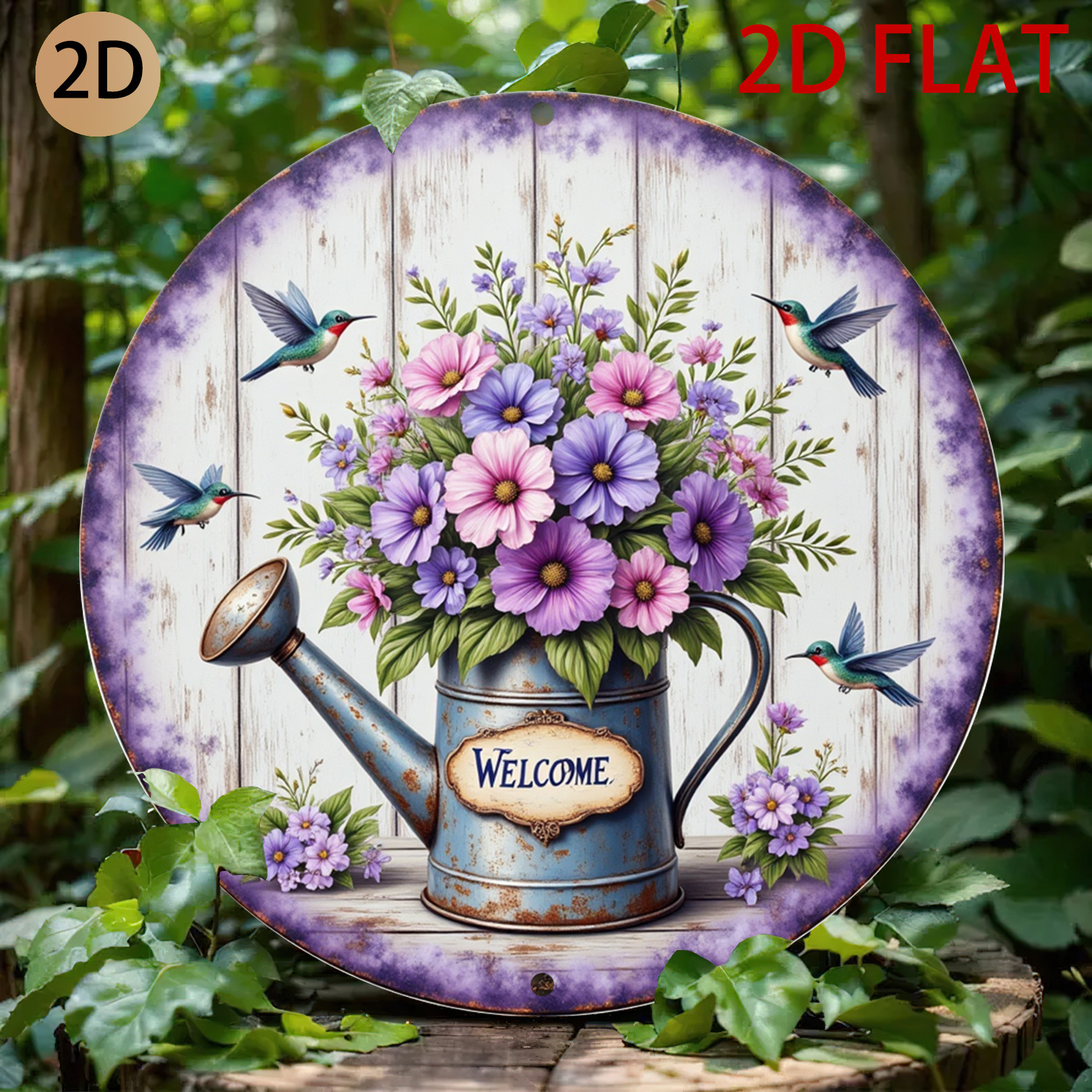 TEMU 2d Flat, 2d Flat - Round Welcome Sign With A Watering Can, Floral Pattern, And Hummingbird, Decorating Your Front Door Or Garden, In A Vintage