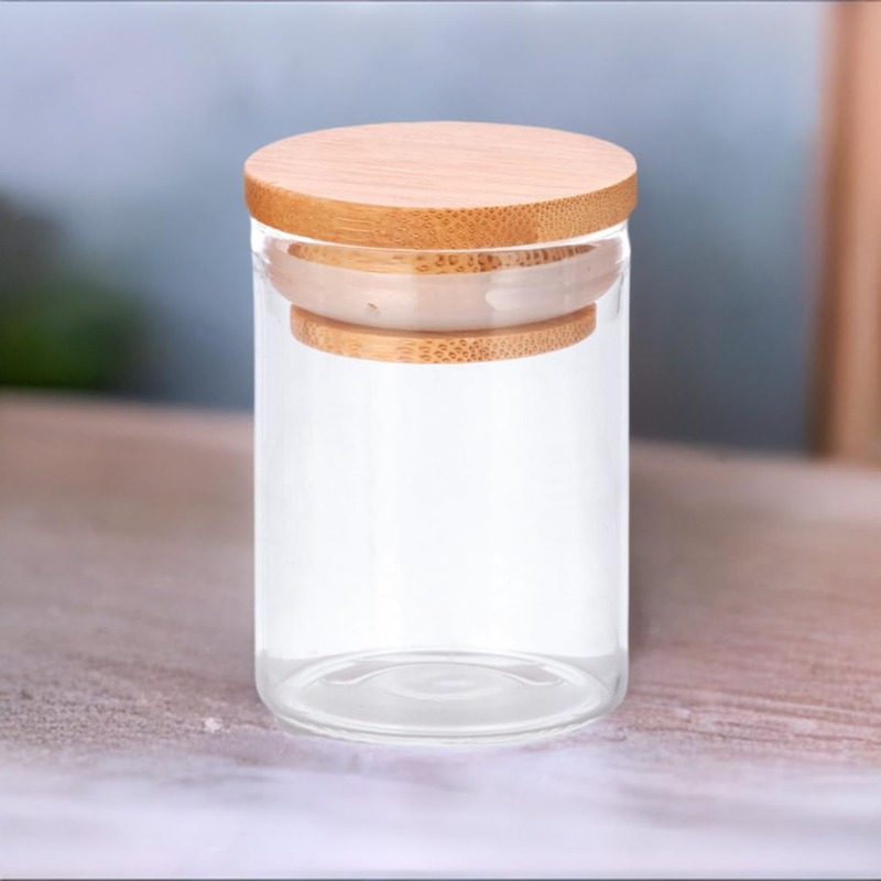 Tarros de Vidrio Borosilicato Transparente de 2oz con Tapas de Silicona de Bambú Selladas (Paquete de 6)