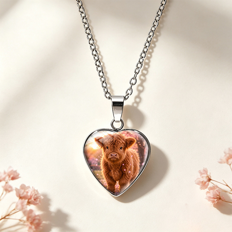 TEMU 1pc Handmade Highland Suitable For - Scottish Cow Pendant With Heart Glass Cabochon, O-chain & Lobster Clasp, -free Jewelry Gift For Christmas,