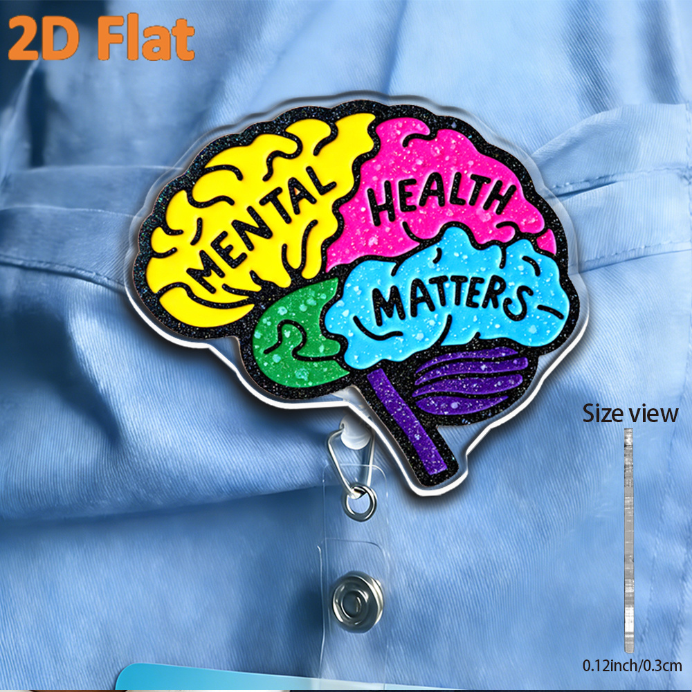 TEMU [2d Flat] Retractable Badge Reel Acrylic Id Badge Holder With Clip, Cute Mental Health Acrylic Retractable Badge Reel, Colorful With Text Mental