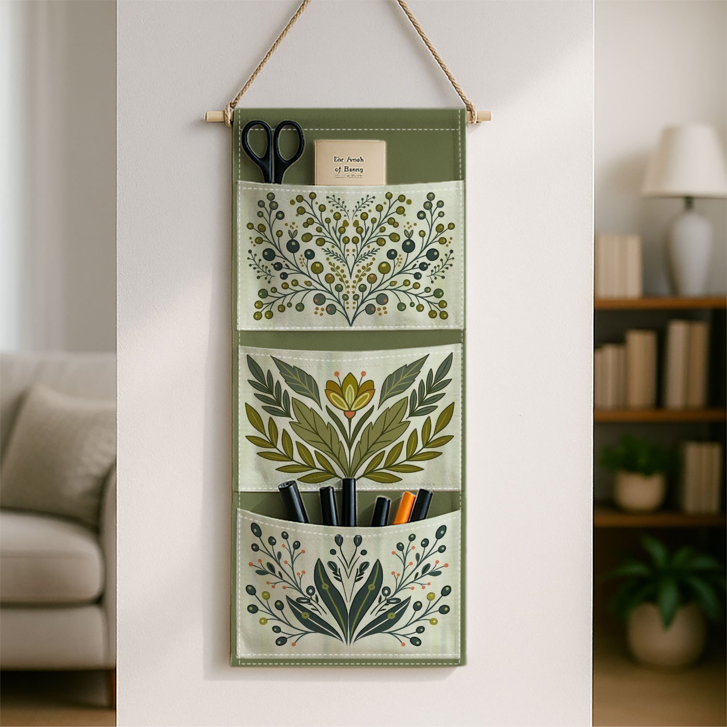 TEMU 2d Printed 1pc Minimalist Nordic Botanical Wall Hanging Storage Bag With Botanical & Geometric Print - Freestanding Hanging Organizer Suitable