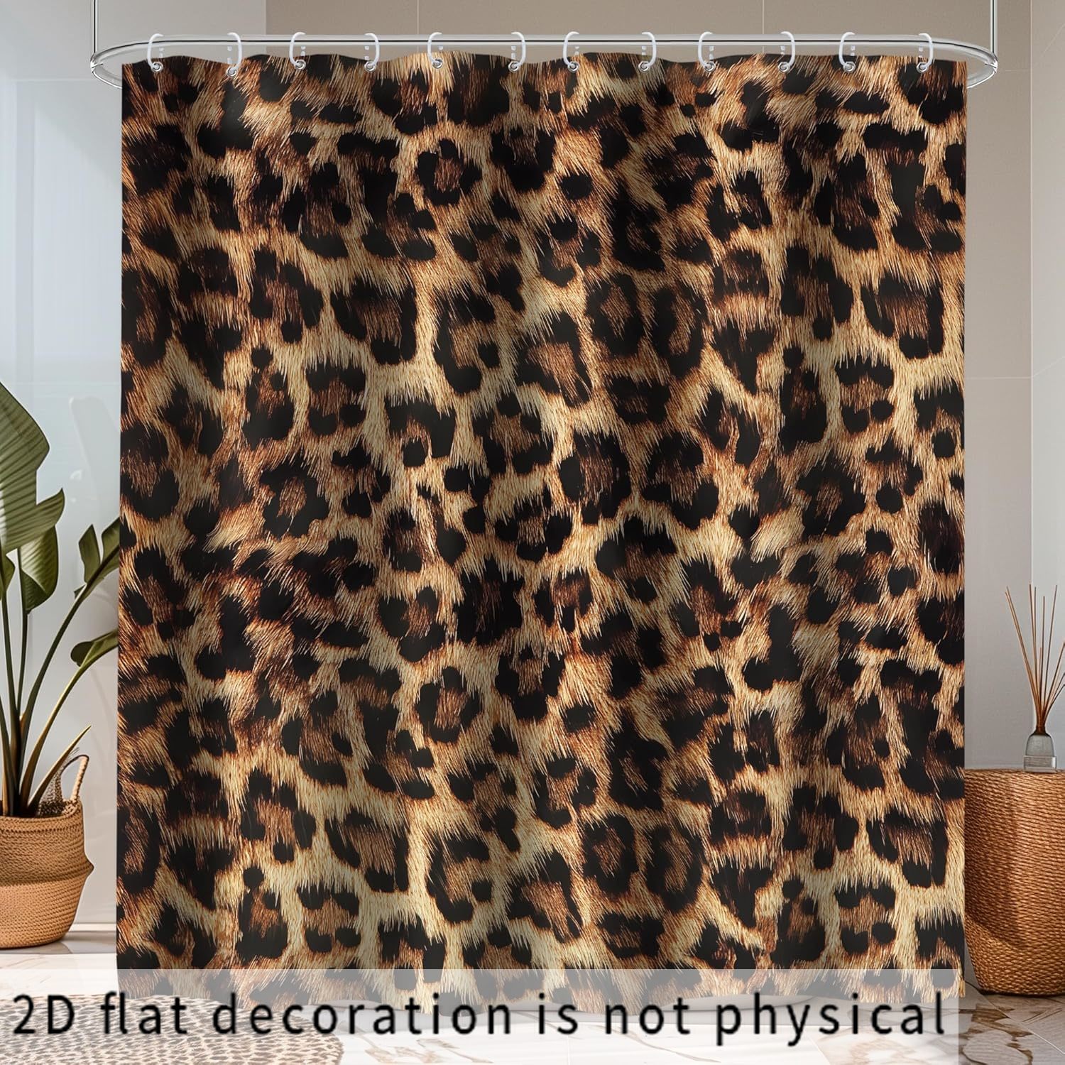 TEMU 2d Flat, 2d Curtain, 1pc, Vintage Leopard Print Bathroom Curtain, Vintage Wild Bathroom Curtain, With 12 Hooks, 70.9x70.9in, 2d Flat