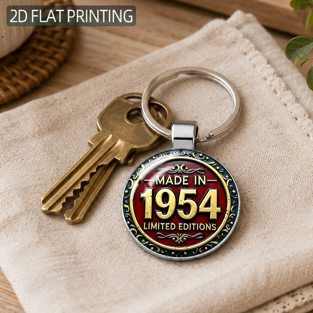 TEMU Vintage 1954 Commemorative Keychain, Made Of Premium Alloy With Black And Red Round Design, Made In And Edition Details. Perfect Key Ring