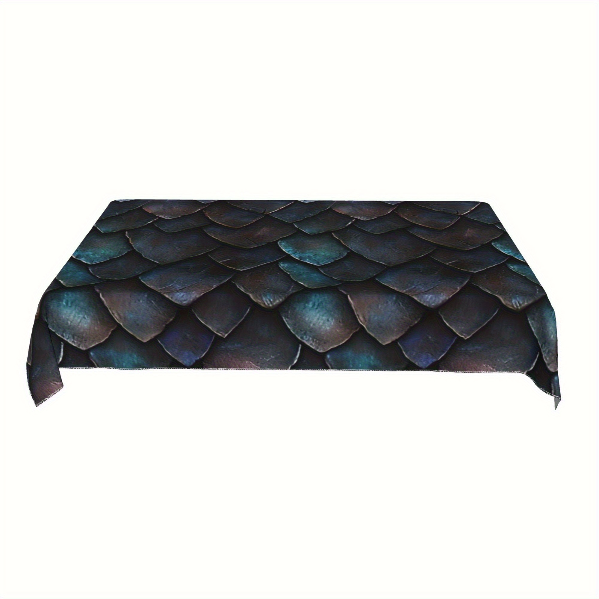 TEMU 1pc Dragon Armor Tablecloth - Pastoral Style, Dark Blue And Green Mythical Creature Design, Polyester, Rectangular, Suitable For Kitchen Dining,