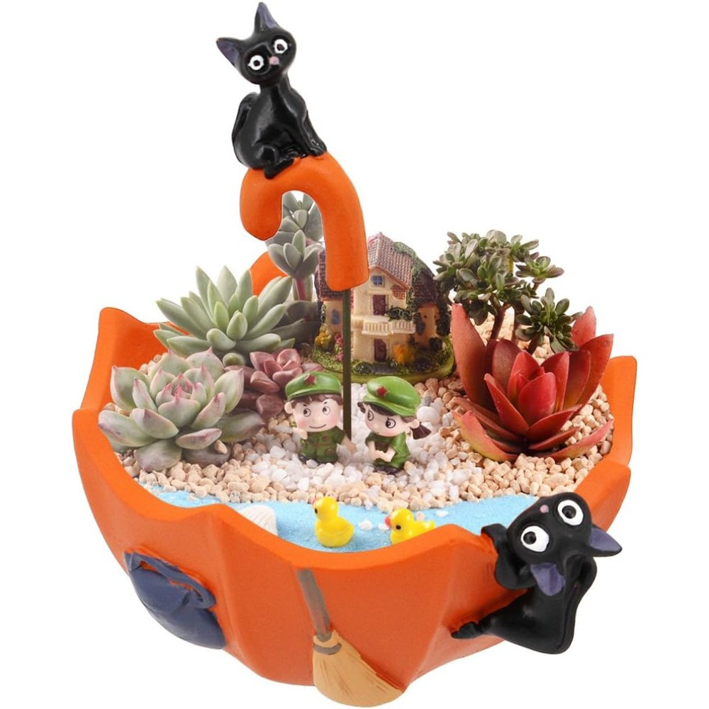 TEMU 【商品名】漫画の黒猫、傘、多肉植物がミニチュア風景で描かれた樹脂製植木鉢。ガーデニングギフト、レーションに。