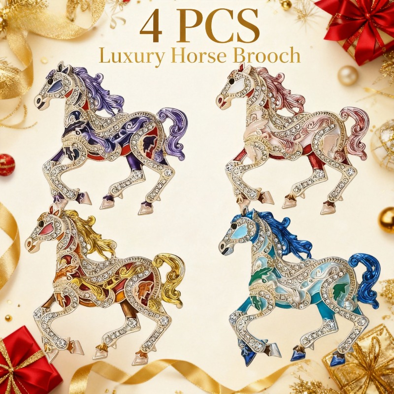 TEMU A Set Of 4 Vibrant, Ethnic-inspired Horse-shaped Brooches Made Of Vintage Stainless Steel With Rhinestones, Perfect For Daily Use, Parties,