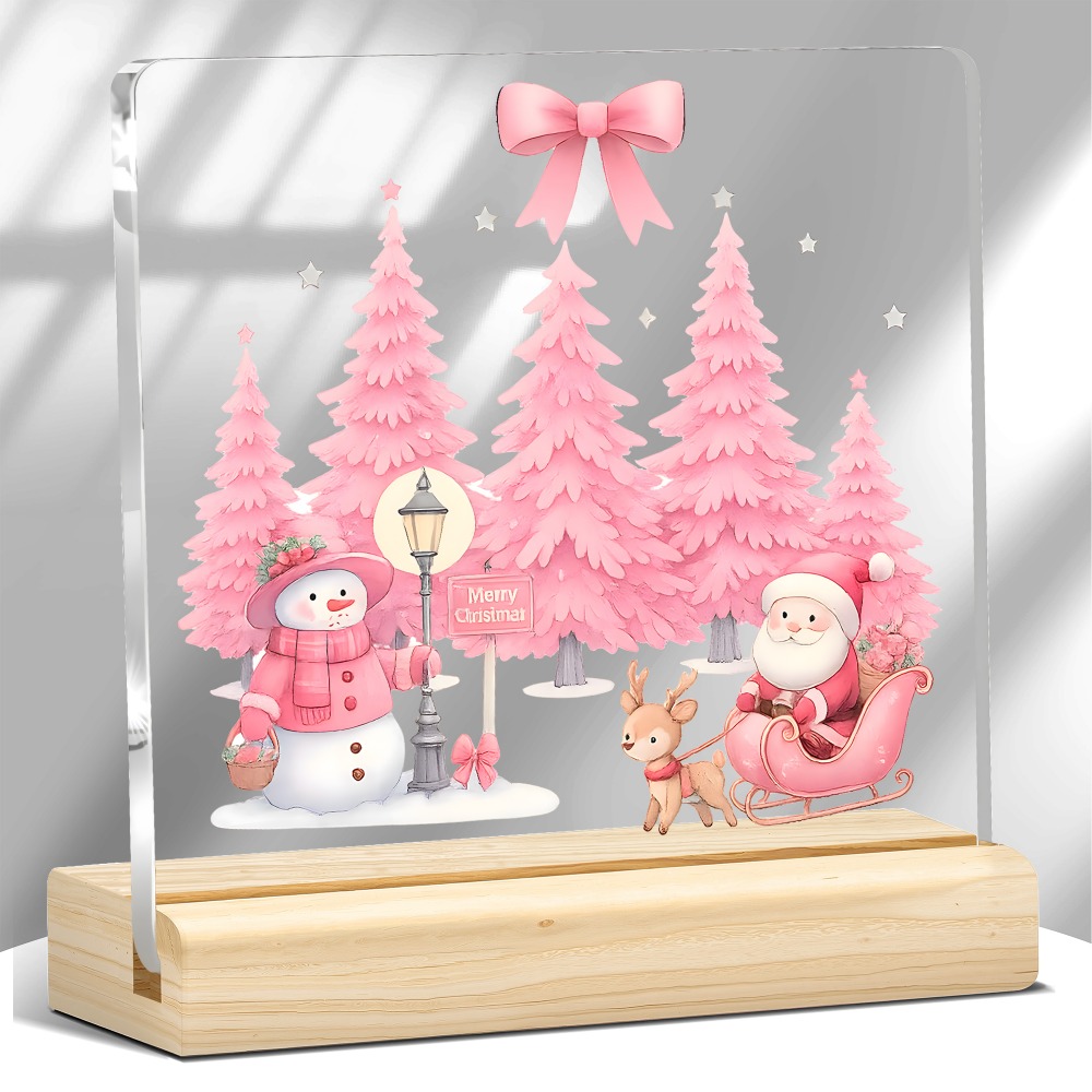 TEMU [2d Flat] [2d Flat] 1 Pink Acrylic Plaque Featuring A Snowman And Santa, Perfect For Christmas Decorations. It Includes Pastel Trees With A Bow