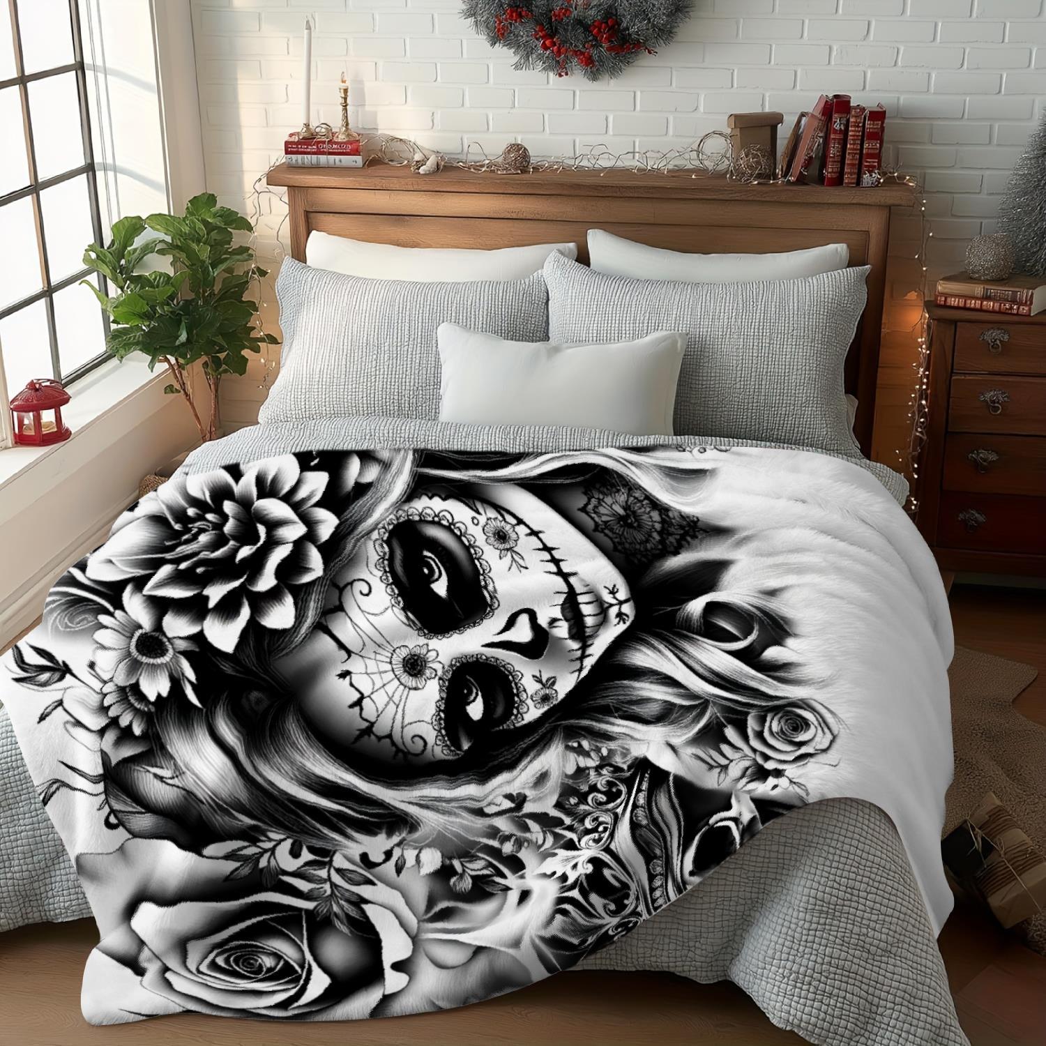 TEMU 1pc Couverture Gothique Crâne & Couronne de Rose Motif Tatouage | Plaid Doux en Flanelle Adapté aux Saisons, Convient pour Canapé, Lit, Camping,