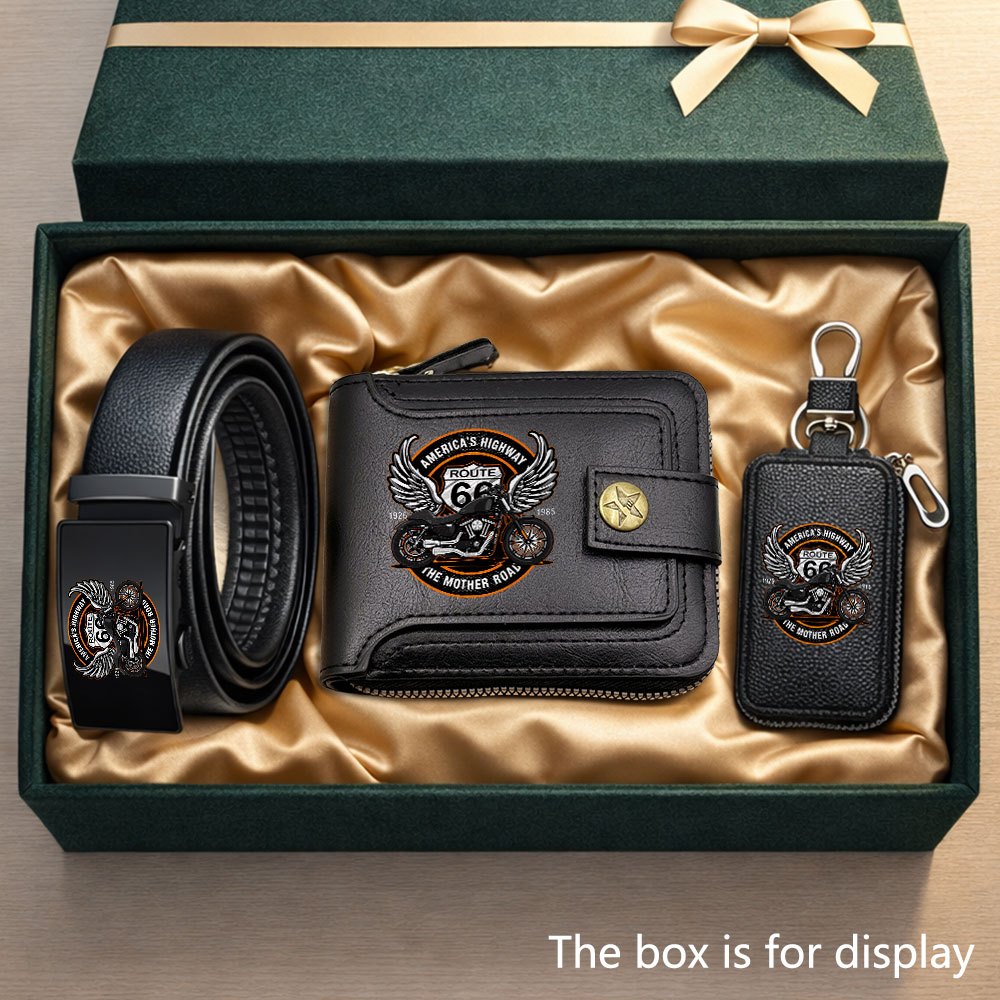 3pcs usa 66th highway motorcycle   logo printed mens wallet set daily accessory kit classic vintage wallet multi card slots large bill compartment matching fashion belt and classic durable key holder essential item for daily life and workplac