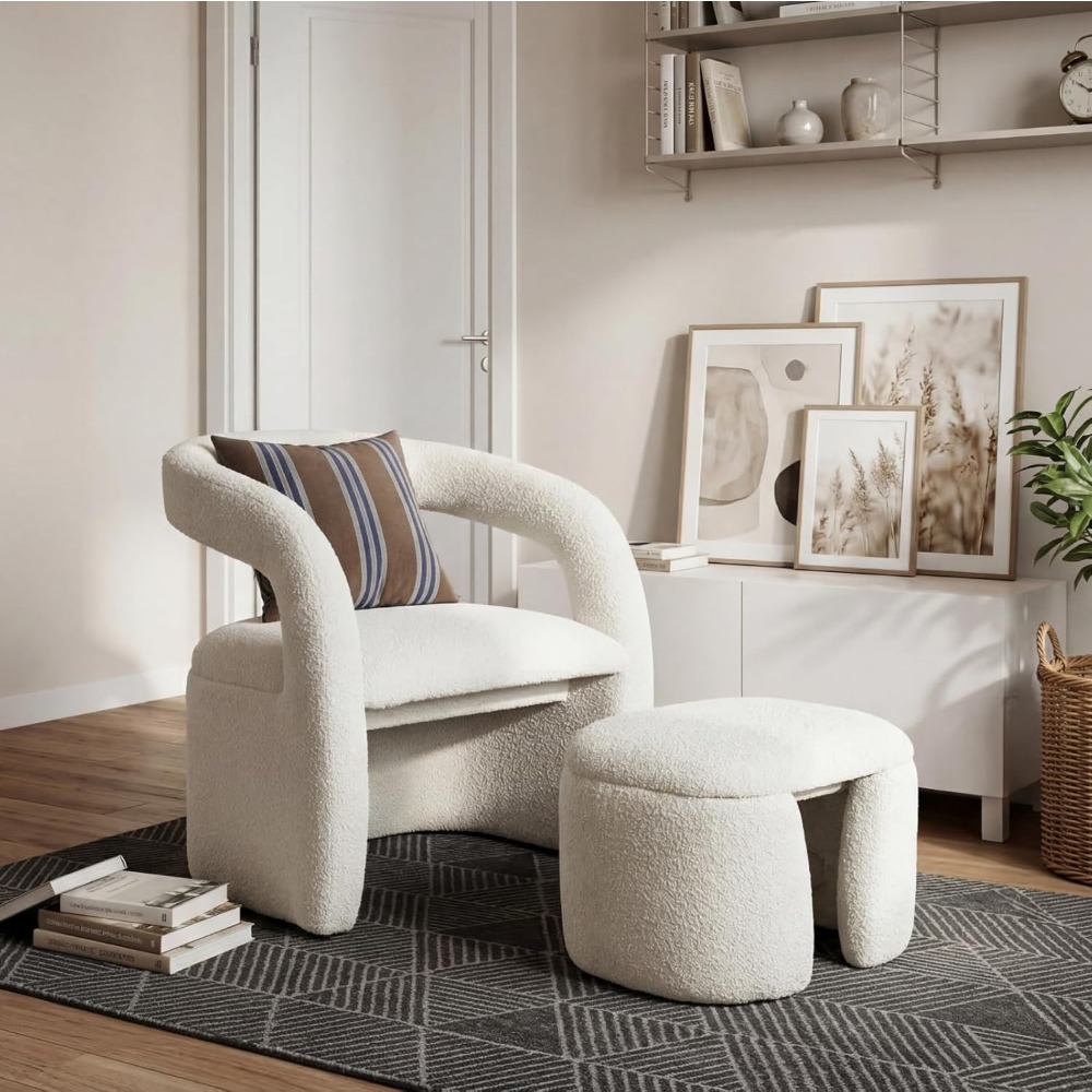 1pc Modern Accent Living Room Chair Set with One Ottoman, Upholstered Barrel Sherpa Lounge Side Chair, Comfy Side Reading Reclining Chair for Living Room, Bedroom, Apartment, Reading Room, Office