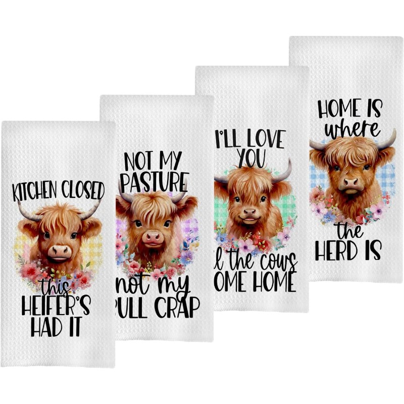 

4-pack Highland Cow Kitchen Towels, 18x26 Inch, Super Soft Polyester, Woven, Unscented, Normal Hair & Relaxed-textured Hair Compatible, Reusable Holiday Decorative Towels